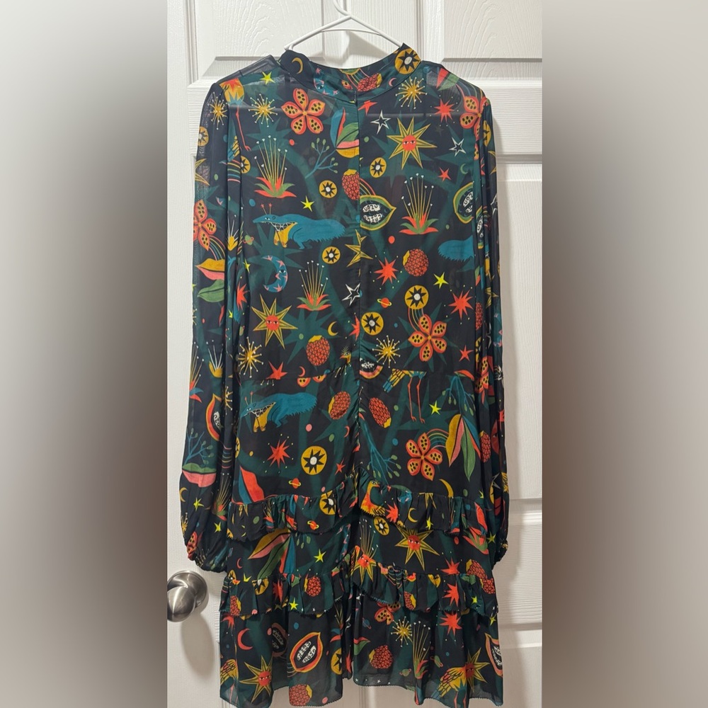 FARM Rio Dark Green Long-Sleeve Tiered Dress with Red, Yellow and Teal Motif - Picture 6 of 9
